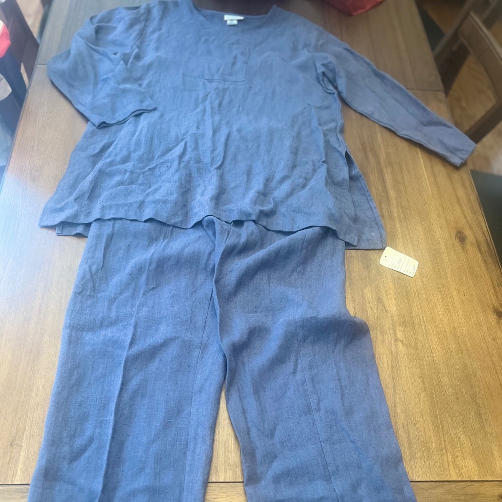 Blue linen pant set.